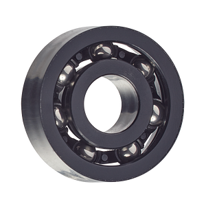 xiros® radial deep groove ball bearing, xirodur S180, stainless steel balls, cage made of PA, mm, black for visible parts