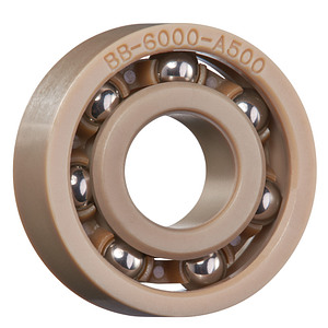xiros® radial deep groove ball bearing, xirodur A500, stainless steel balls, cage made of PEEK, mm